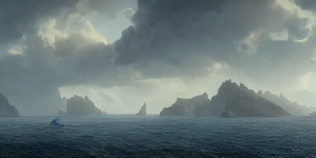 Prompt: establishing shot from a movie, epic matte painting of an island, cinematic cinematography masterpiece, greg rutkowski, and ivan aivazovski, roger deakins