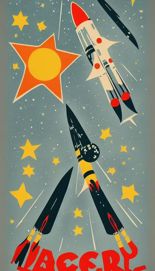 Prompt: retro propaganda poster for space exploration, rocket launching, stars and planets