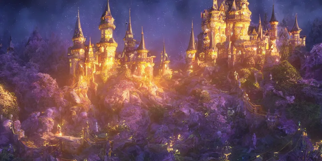 Image similar to a glittering fairy castle at night, extremely detailed oil painting, unreal 5 render, fantasy digital art, octane render, beautiful composition, trending on artstation, award-winning photograph, masterpiece