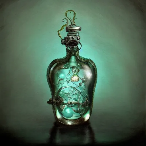 Prompt: a painting of a steampunk mechanical vintage aquamarine colored potion bottle, by h. r. giger, hyperrealistic fantasy art, concept matte, ethereal, dreamy, digital art, trending on artstation, volumetric cinematic lighting