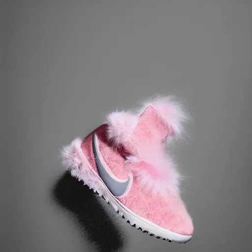 Image similar to nike shoe made of very fluffy pink faux fur placed on reflective surface, professional advertising, overhead lighting, heavy detail, realistic by nate vanhook, mark miner