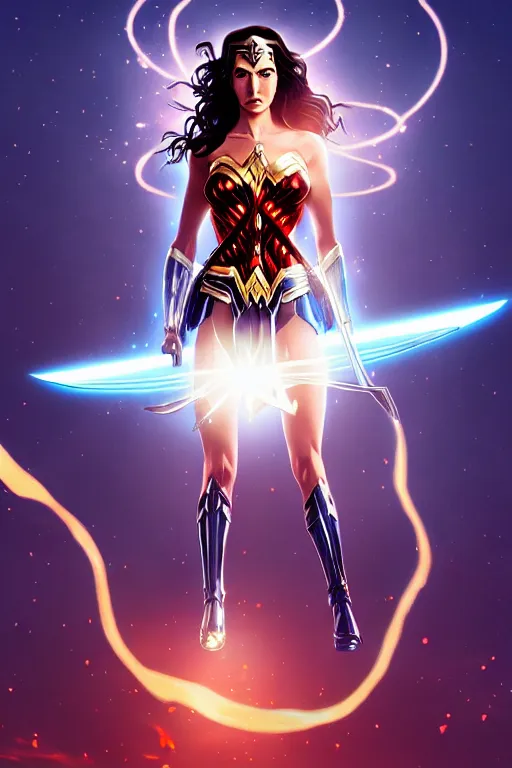 Image similar to Anime key visual of Wonder Woman holding her sword in the air with a beam of light shining on it, intricate, magical island, stunning, digital painting, artstation, illustration, graphic design, soft lighting, sword reflection, ethereal