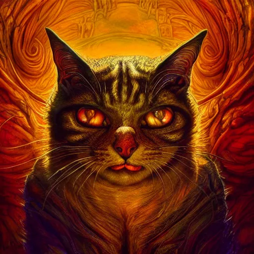 Prompt: photorealistic demonic cat in the style of michael whelan and gustave dore. hyperdetailed photorealism, 1 0 8 megapixels, amazing depth, glowing rich colors, powerful imagery, psychedelic overtones, 3 d finalrender, 3 d shading, cinematic lighting, artstation concept art