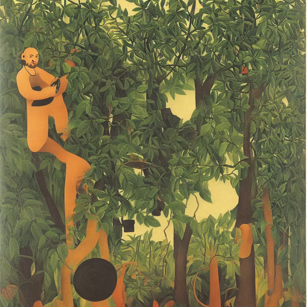 Image similar to i, a man wearing headphone and playing his iphone, by henri rousseau