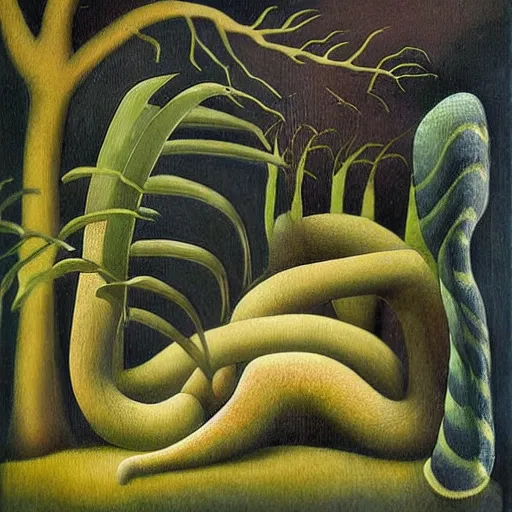 Prompt: cambrian, soft shadow by henri rousseau, by karen wallis dismal, tired. a beautiful sculpture of a snake eating its own tail that seems to go on forever.