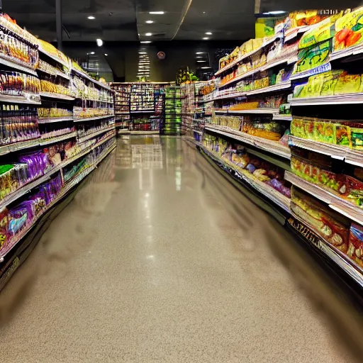 Image similar to photo of a grocery store interior, the floor is flooded with one meter deep water. eerie, volumetric lighting. highly - detailed 4 k