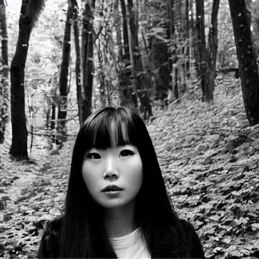 Image similar to black and white photo full shot of beautiful Japanese women with perfect eyes and simetrical face, standing in the forrest, shot by Akira Kurosawa perfect cinematic light, 8k, highl details, sharp focus