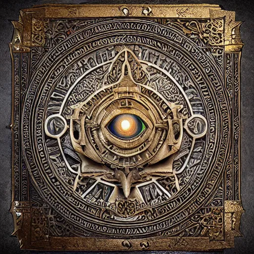 Prompt: an ancient ornate intricate old tome spell book with the sigil symbol of an eye emblazoned on the cover, cinematic, realistic, intricate detail, finely detailed, small details, extra detail, photorealistic, high resolution, 3D, PBR, path tracing, volumetric lighting, octane render, arnold render, 8k