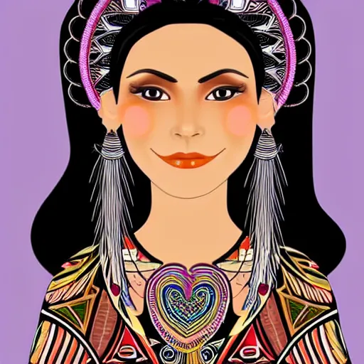 Image similar to beautiful illustration of a mexican woman of 4 0 years old, with curly black and silver hair, the woman has beautiful black eyes, her skin is light brown, she is dressed in shaman clothes, in the style of amanda sage