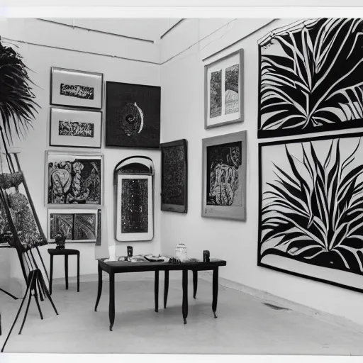 Prompt: A black and white photo in sérigraphie of an exhibition space with works of Sun Ra, Marcel Duchamp and tropical plants - W 1280