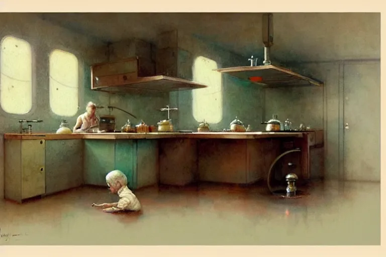 Image similar to ( ( ( ( ( 1 9 5 0 s retro science fiction kitchen interior scene. muted colors. ) ) ) ) ) by jean - baptiste monge!!!!!!!!!!!!!!!!!!!!!!!!!!!!!!