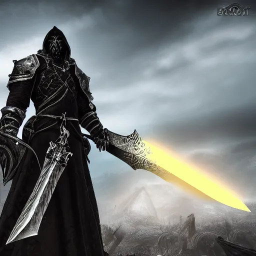 Image similar to A medieval fantasy death knight with large greatsword in hands based on Elden Ring design, extremely detailed, upscaled, 8k resolution, dark, glowing black weapon, destruction