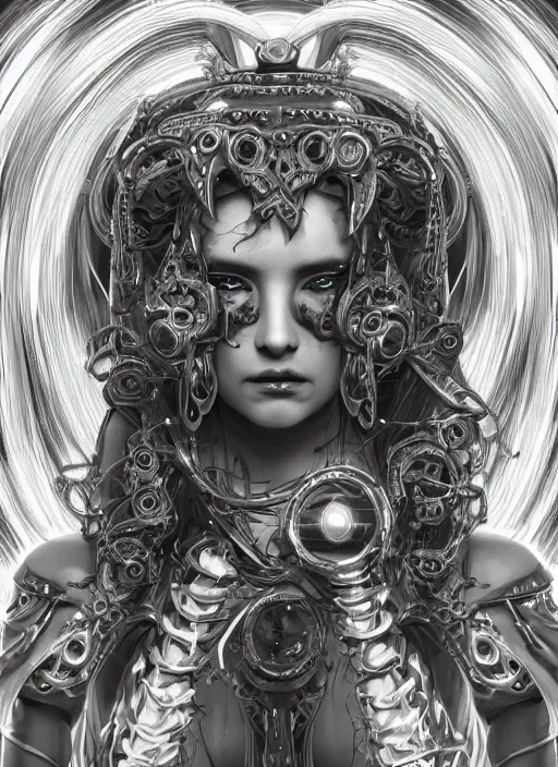 Prompt: ultradetailed ornate cyberpunk RPG character sci-fi illustration of a beautiful symmetric Medusa radiating a majestic glowing aura, intricate smooth digital painting, sharp focus, deep neon-noir tones, 3d rim light, artstation, concept art, hyperrealistic, photorealistic, Kodakchrome