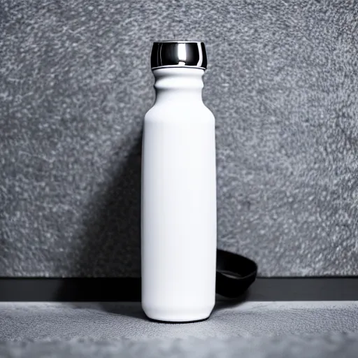 Prompt: cinematic photoshoot of clean modern hand crafted super futuristic tech water bottle pro display xpr luxury smooth color metal white silver with black leather padding well design ultrareallistic detailed high quality 8 k photorealistic ultra realistic