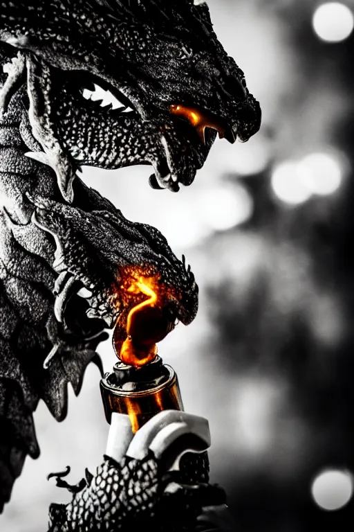 Image similar to photo of a dragon smoking a pipe, 3 0 mm, bokeh, dramatic lighting, beautiful