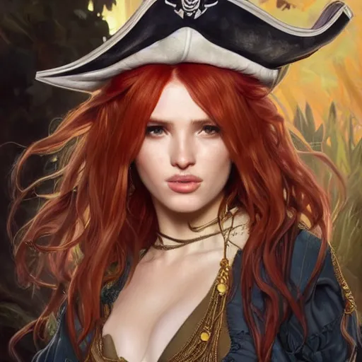 Image similar to ultra realistic illustration, bella thorne as pirate, intricate, elegant, highly detailed, digital painting, artstation, concept art, smooth, sharp focus, illustration, art by artgerm and greg rutkowski and alphonse mucha