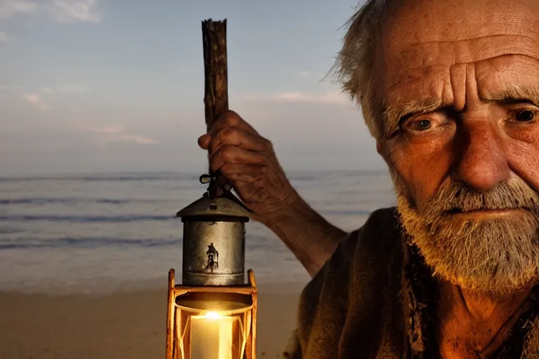 Prompt: closeup old man holding up a lantern on the beach in a pirate bay meet to a old wood shack by emmanuel lubezki