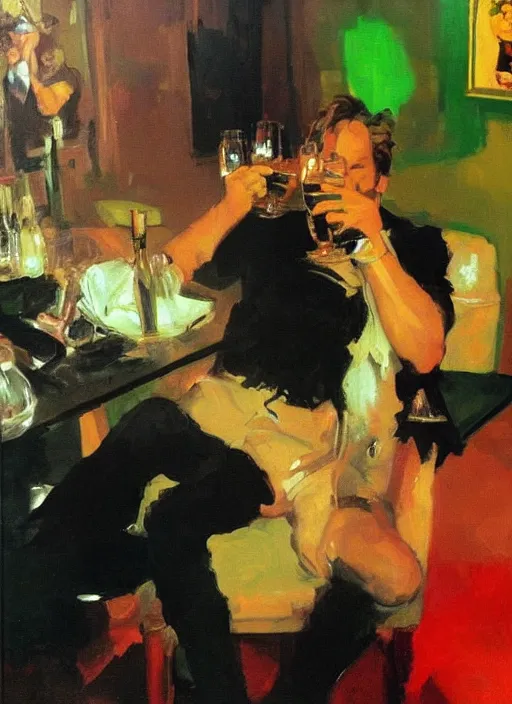 Image similar to glam rocker drinking brutal and raw wine with his friends, inside a green room with red lights by joaquin sorolla, phil hale