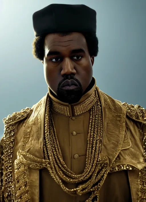 Image similar to kanye west as muammar kadhafi and emperor napoleon, splash art, movie still, detailed face, cinematic lighting, dramatic, octane render, long lens, shallow depth of field, bokeh, anamorphic lens flare, 8 k, hyper detailed, 3 5 mm film grain