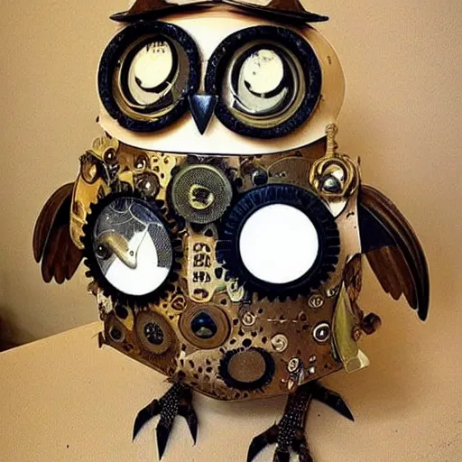 Prompt: owl steampunk robot thats high detailed and cute,