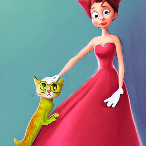 Image similar to concept art portrait of cat wearing dress, pixar, disney