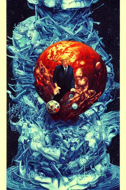 Image similar to donald trump consumes the world, disgusting, horror, high details, intricate details, by vincent di fate, artgerm julie bell beeple, 90s, inking, vintage 90s print, screen print