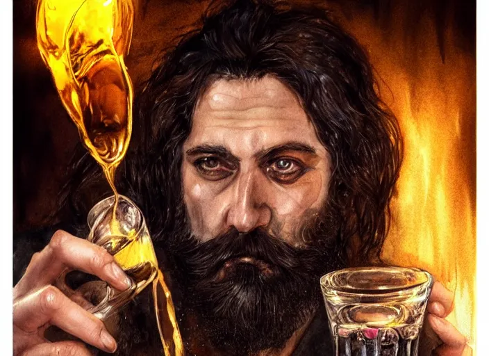 Prompt: close-up portrait, a handsome Frenchman with beard and long black hair toasting with the devil drinking whiskey, watercolor, dramatic lighting, cinematic, establishing shot, extremely high detail, foto realistic, cinematic lighting, digital art, vector, by Yoshitaka Amano, Ruan Jia, Kentaro Miura, Artgerm, post processed, concept art, artstation, matte painting, style by eddie mendoza, raphael lacoste, alex ross