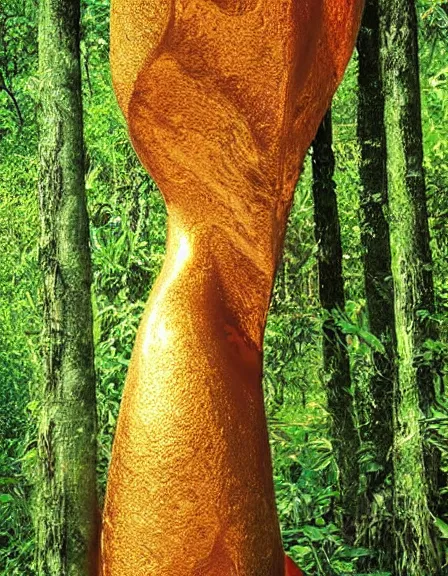 Image similar to vintage color photo of a giant 1 1 0 million years old abstract liquid gold sculpture shinning and covered by the jungle vines