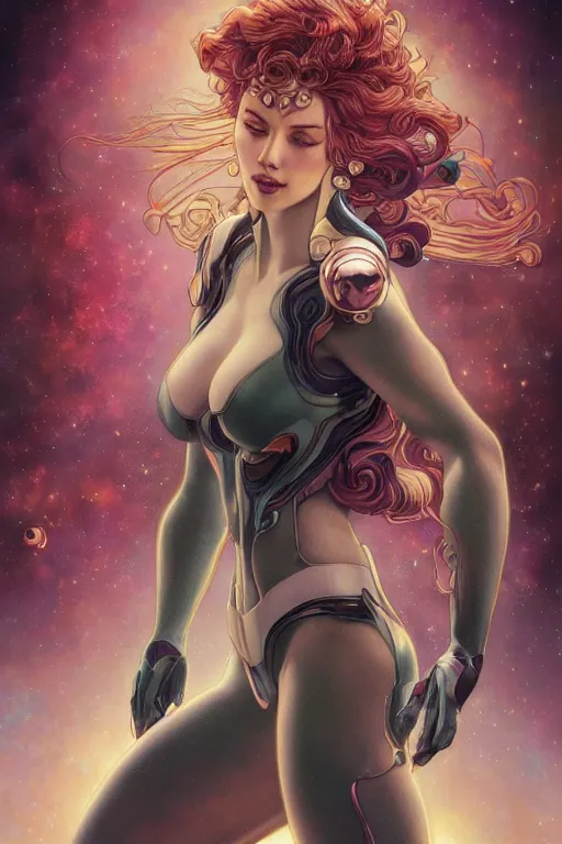 Prompt: celestial anthropomorphic puppy scarlett johansson, by artgerm and yoshitaka amano and moebius and alphonse mucha, hyperdetailed, dc comics, ornate, nebula, explosions in the sky, trending on artstation