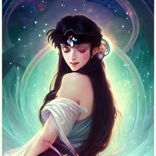 Image similar to a beautiful girl with long dark hair and bangs, sailor moon aesthetic, fantasy, intricate, elegant, highly detailed, digital painting, artstation, concept art, matte, sharp focus, illustration, art by Artgerm and Greg Rutkowski and Alphonse Mucha