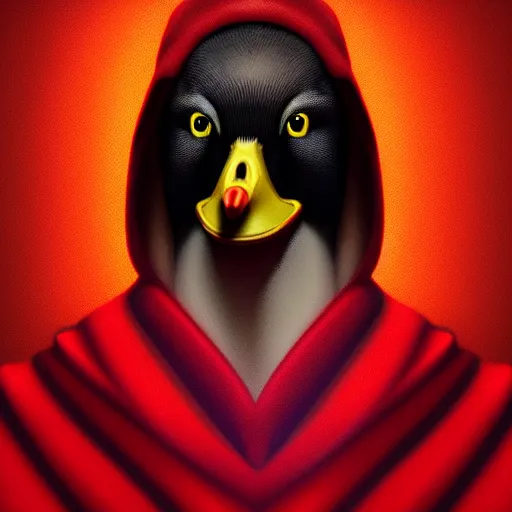 Prompt: portrait of cute mallard duck, wearing cultist red robe, inside a castle, black feathers, glowing arcane eyes, expressive oil painting, digital art, octane render