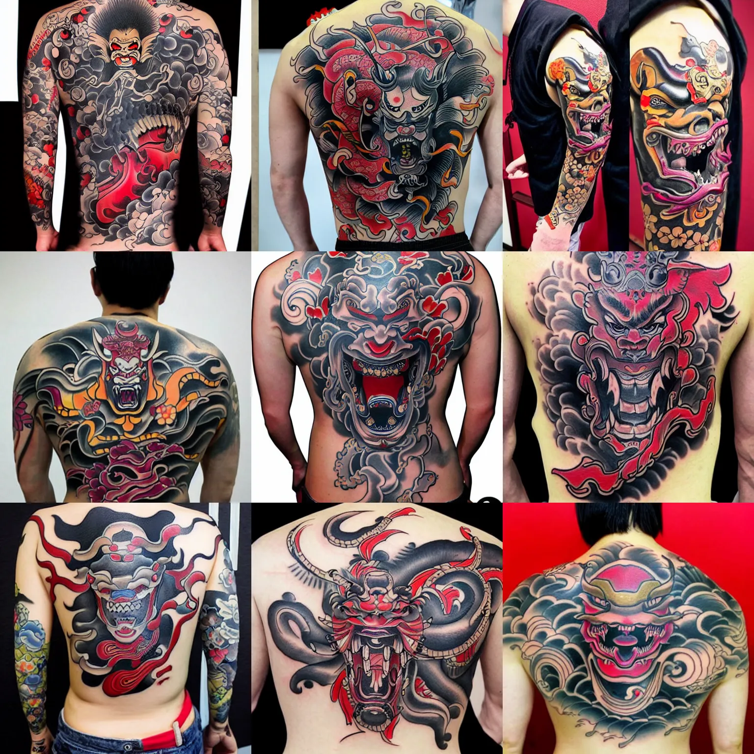 Prompt: elaborate full - back irezumi tattoo of a hannya, tattoo parlor photo, realistic and coherent