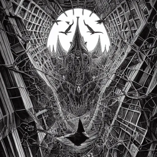 Image similar to crows at a architectural complex with an occult witch by Android Jones and M. C. Escher collaboration, futurist, digital art, dramatic lighting, symbolic