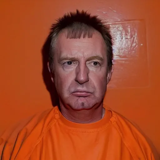 Image similar to donald trump dressed in orange prison uniform in a prison cell, jail bars, framing - medium shot, natural light failing on his face, by terry richardson