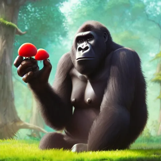 Image similar to a wholesome animation key shot of a gorilla holding a very small red mushroom, chilled out smirk on face, listening to music, jeep in background, studio ghibli, pixar and disney animation, sharp, rendered in unreal engine 5, anime key art by greg rutkowski, bloom, dramatic lighting