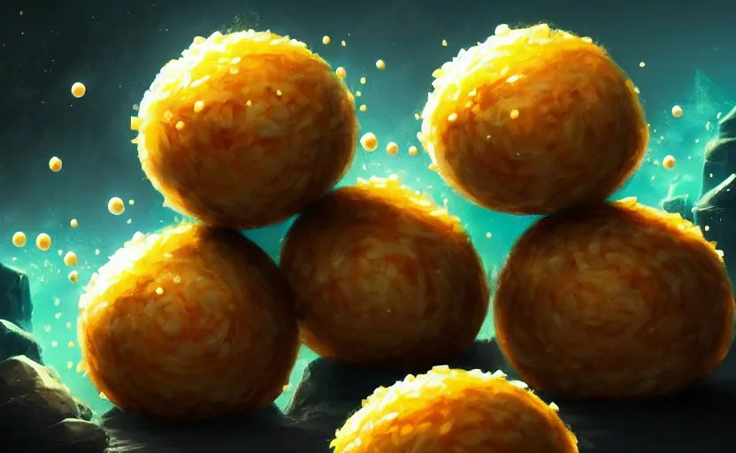 Prompt: magic : the gathering fantasy concept art of excited riceballs with excited expressions bouncing down a mountain path, by marco bucci, high resolution, the riceballs are bouncing up and down, rice granules scattered all around, balls of rice, bouncing, fantasy coloring, intricate, digital painting, artstation, smooth, sharp focus