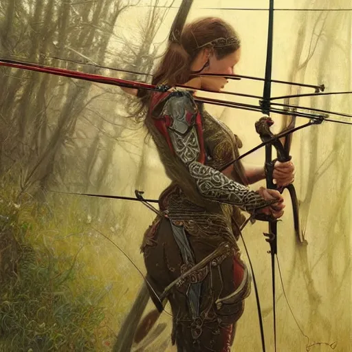 Image similar to beautiful archery girl, bow hunting women, archerty with bow and arrows, uart by donato giancola and greg rutkowski, realistic face, digital art, trending on artstation