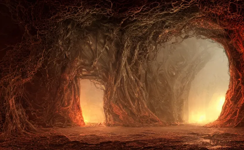 Image similar to realistic photo of a lovecraft creature in a hell gate portal, filaments, translucent, photorealistic, intricate, extremely detailed, hyperrealism, high resolution, fine detail, ultra - detailed, by marc simonetti, natural volumetric lighting, realistic 4 k octane beautifully detailed render, 4 k post, volumetric fog, misterious mist, trending on artstation