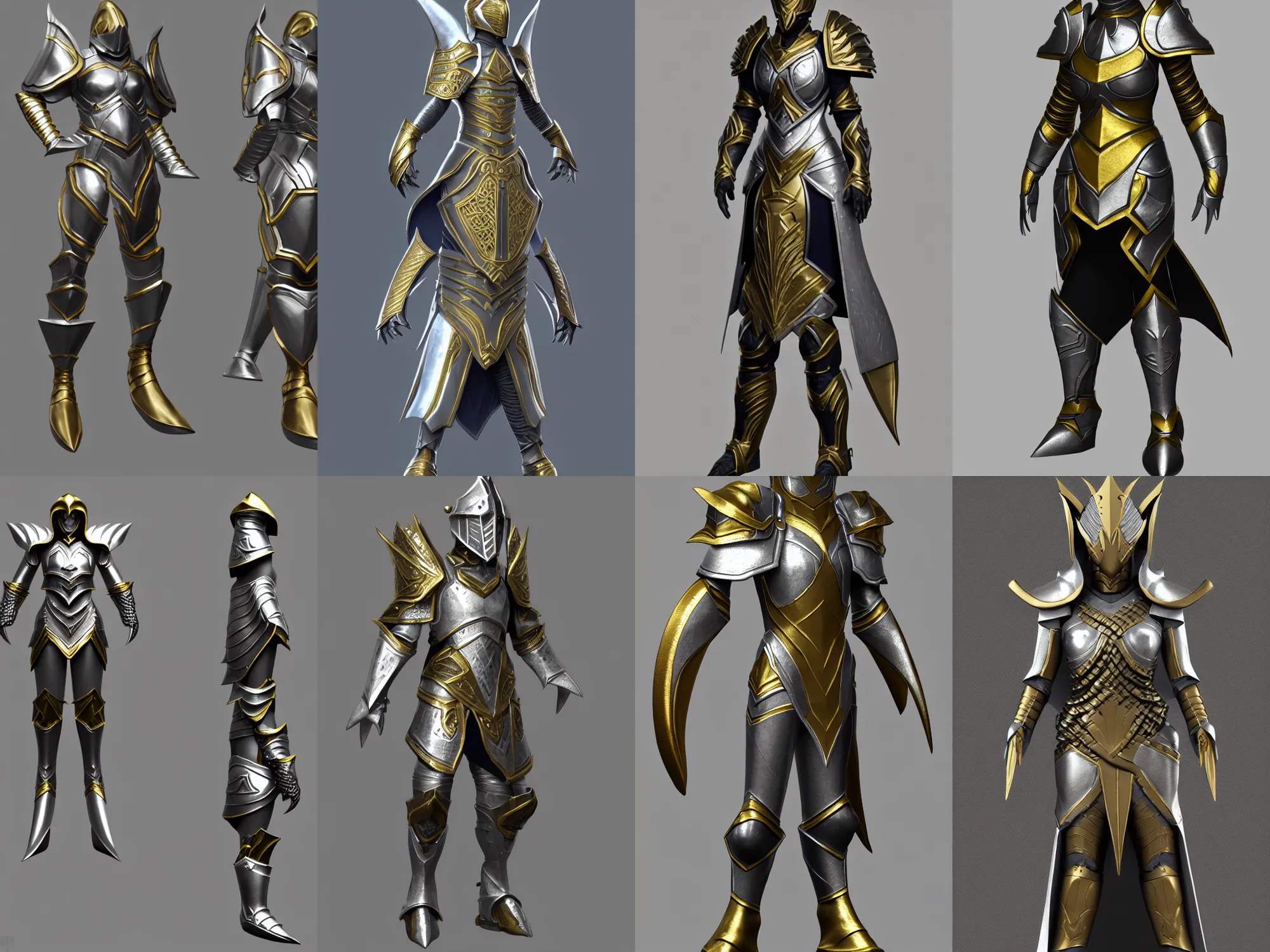 Prompt: render of fantasy armor for a mage, silver with gold trim, hyperrealistic, extremely clean, flat shading, exaggerated proportions, trending on Artstation, fantasy character concept, HD Octane render