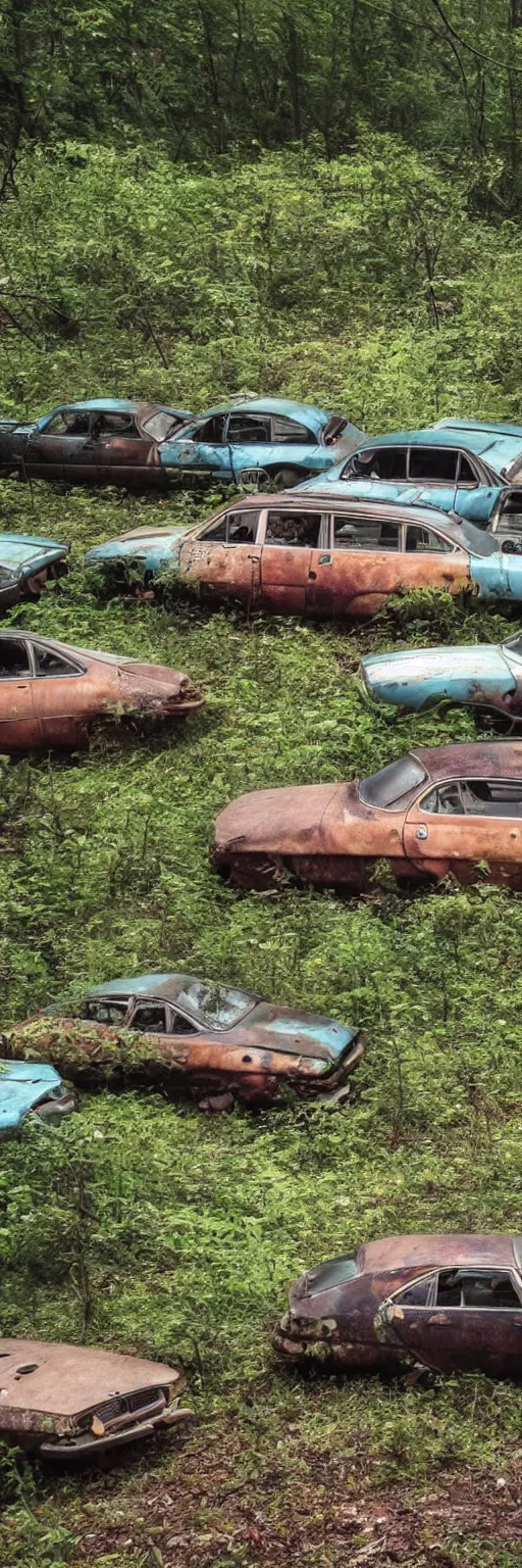 Image similar to a hi 8 footage still of a forest full of abandoned european sedans, coupes and vans with rust damage, broken parts and vegetation.
