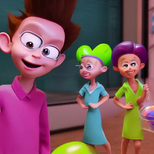 Image similar to Ultra hyperreal, 3D Octane render, Jimmy Neutron at a Candy store