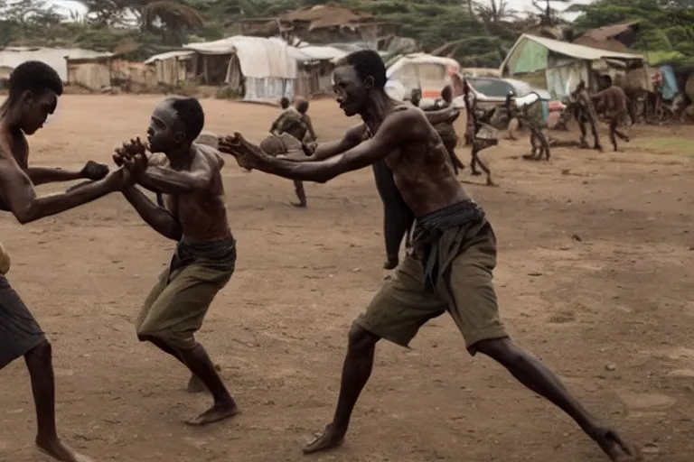 Image similar to film still of the best fight scene from the new pacific movie, set in nairobi