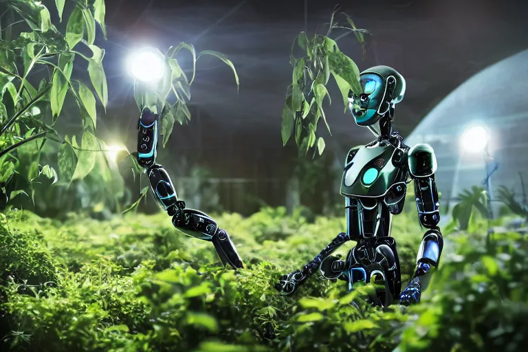 Image similar to photograph of an androgynoid robot taking care of plants on an inter - galactic spaceship, 8 k, beautiful lighting, shallow depth of field, ultra realistic, hyper - detailed, sci - fi movie style, coherent composition,