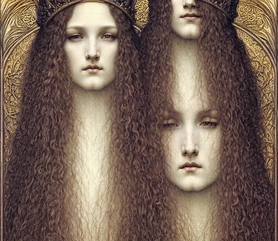 Image similar to detailed realistic beautiful young medieval queen face portrait by jean delville, gustave dore and marco mazzoni, art nouveau, symbolist, visionary, gothic, pre - raphaelite. horizontal symmetry