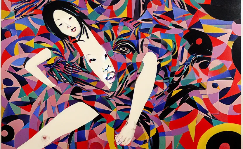 Image similar to decollage painting young japanese actress in a tribal mask chased by unconsciousness fear by adrian ghenie and takato yamamoto and edward hopper and mark ryden and tsutomu nihei, part by bridget riley, acrylic pour and splashing paint, very coherent, baroque elements, perfect anatomy, intricate design. pop art.