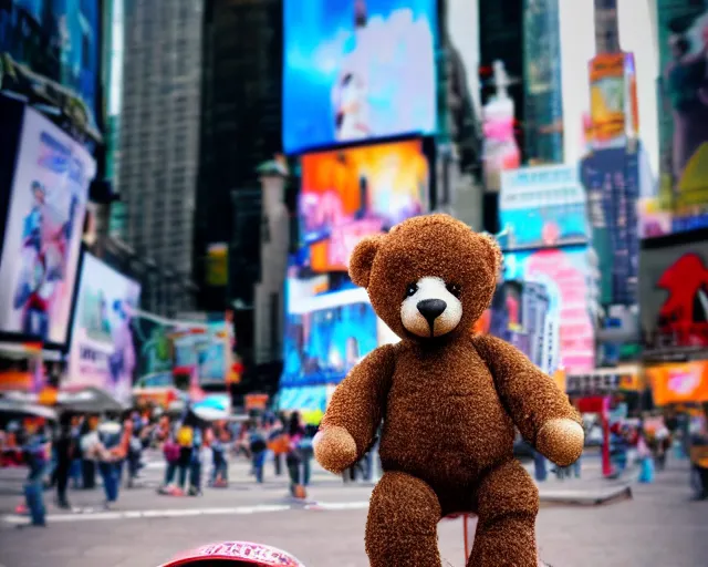 Prompt: photo of a teddy bear on a skateboard in times square, tilt-shift