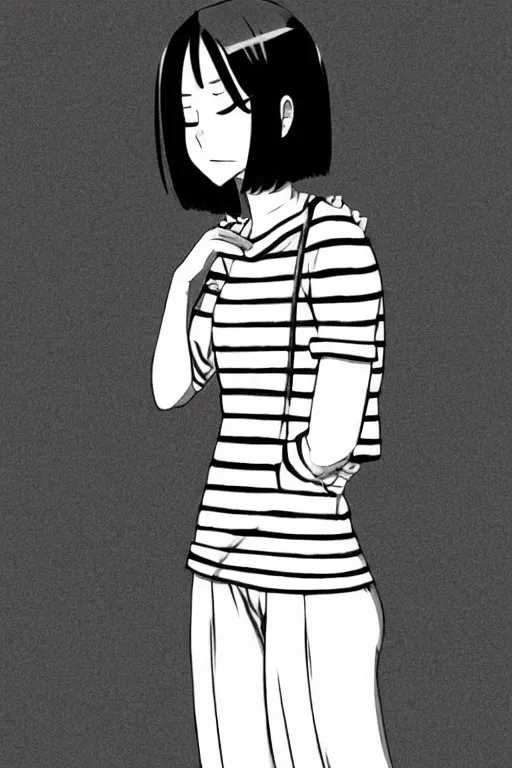 Prompt: portrait of a girl in long pants and a striped top, hands in pockets, eyes closed, bob haircut, digital art, black and white, lineart by kaoru mori