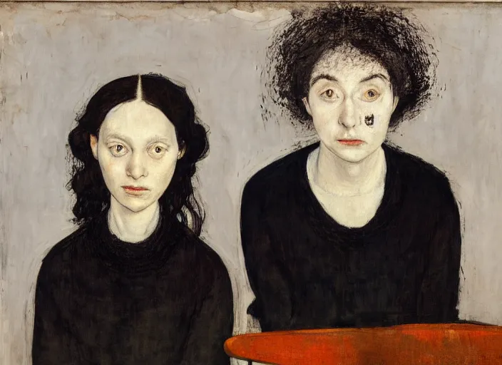 Image similar to portrait of two young nervous violin players sitting on chairs getting ready to perform, half figure front, vincent lefevre and pat steir and hilma af klint, psychological, photorealistic, symmetrical faces, intriguing eyes, dripping paint, washy brush, rendered in octane, altermodern, masterpiece