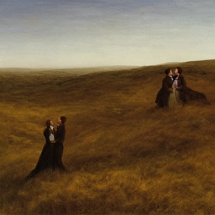 Prompt: adult dark - skinned man and woman kissing on the moorland, painting by caspar david friedrich