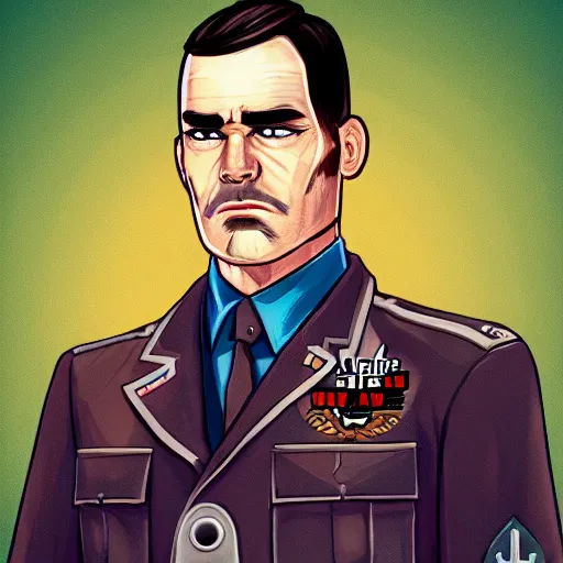 Prompt: a ww2 military officer in the style of a GTA V loading screen, illustrated by Stephen Bliss, trending on artstation